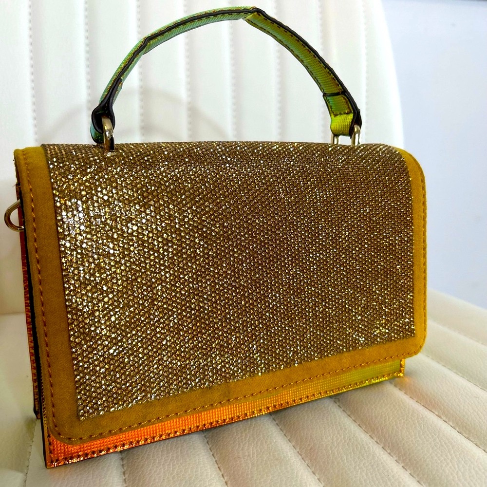 Aldo Gold and Yellow shiny Clutch with handle and strap *NWT